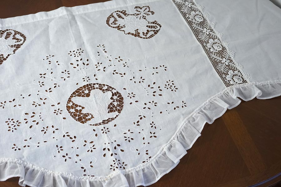 【美品】フランスアンティーク CB手刺繍 ホワイトフリルカフェカーテン 3376 e148.jpg