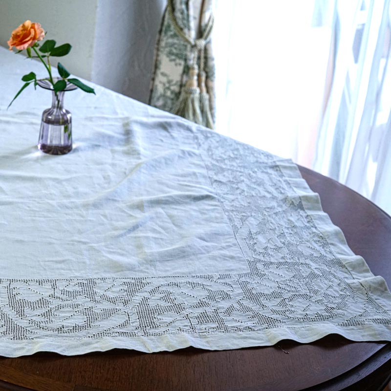 フランスアンティーク　ドロンワーク　white刺繍　テーブルクロス フランスアンティーク ドロンワーク white刺繍 テーブルクロス