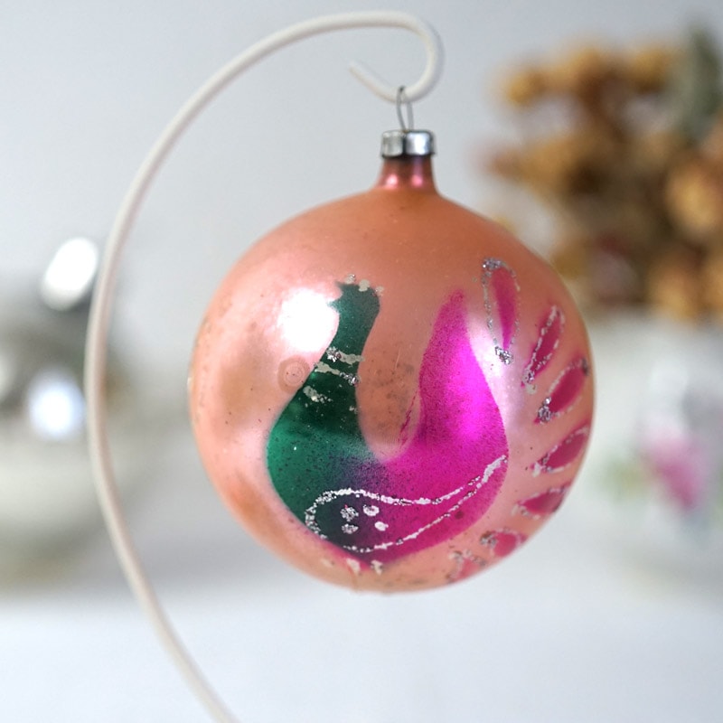 ポーランドのピンクコーラルに鳥が描かれたガラスオーナメントW8.2cm