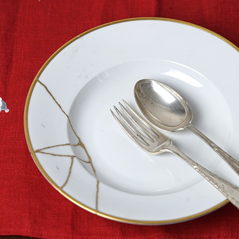 金継ぎ＋ドイツの名門窯ローゼンタールの金縁が美しい深皿25×4.5cm gc