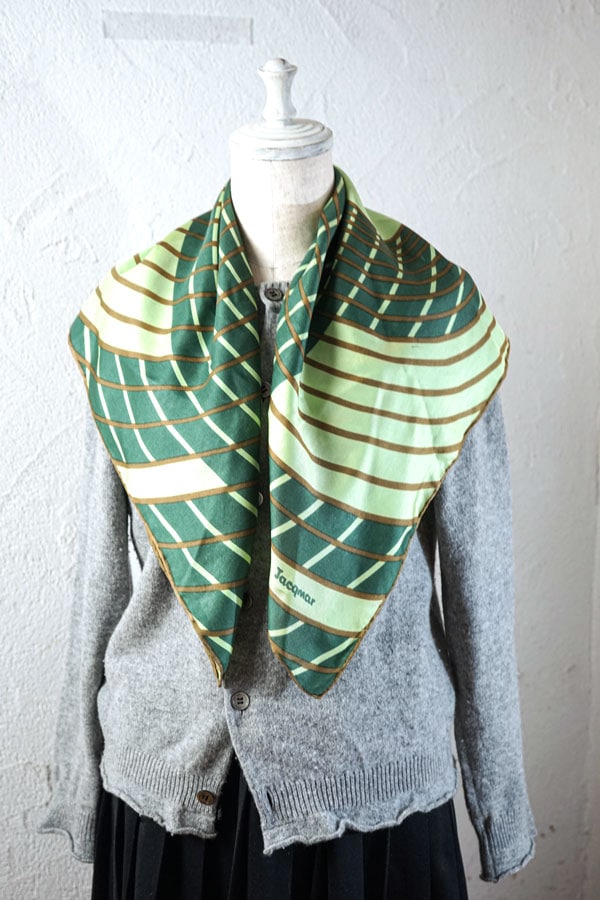 英国ヴィンテージ】Jacqmar グリーンと金茶のモダンサークル シルク