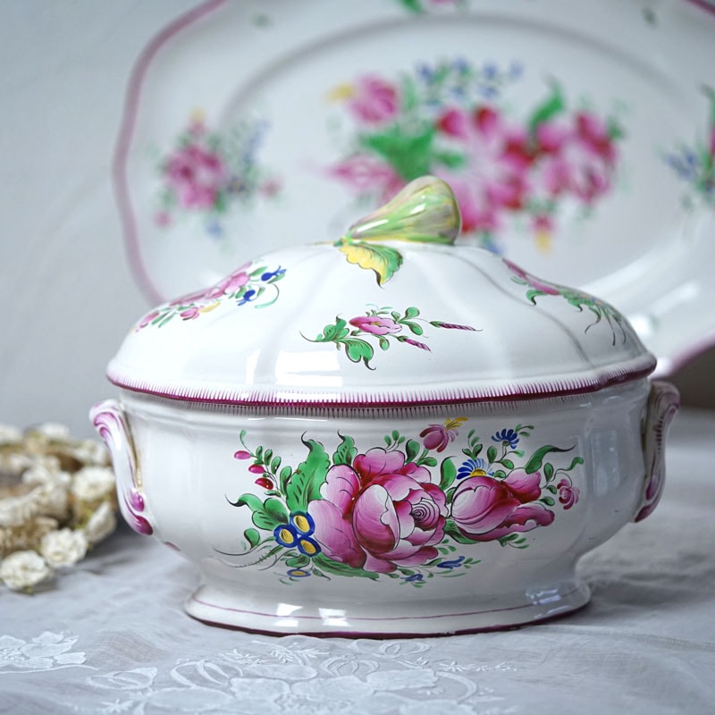 ★希少 Saint Clement サン クレマン 蓋付き キャセロールボウル★ フランスアンティーク St. Clement サンクレモン ハンドペイントの花