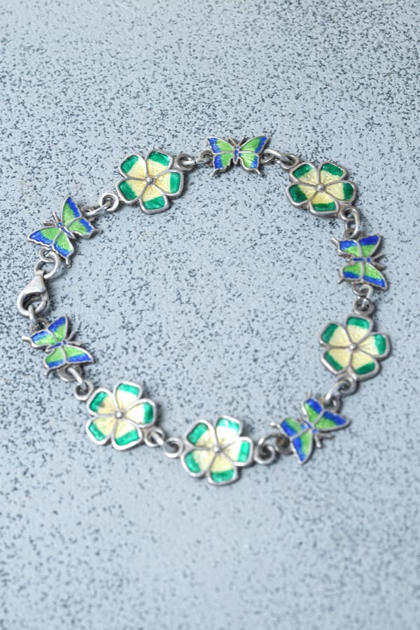 ヴィンテージ】メキシコシルバー980 エナメル（七宝） 花と蝶々の