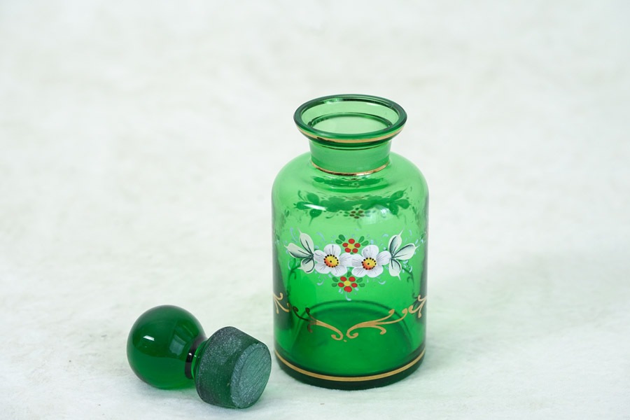 ボヘミアンガラスのエナメル絵の美しい薬瓶W6×H14cm 1930年代頃 gc