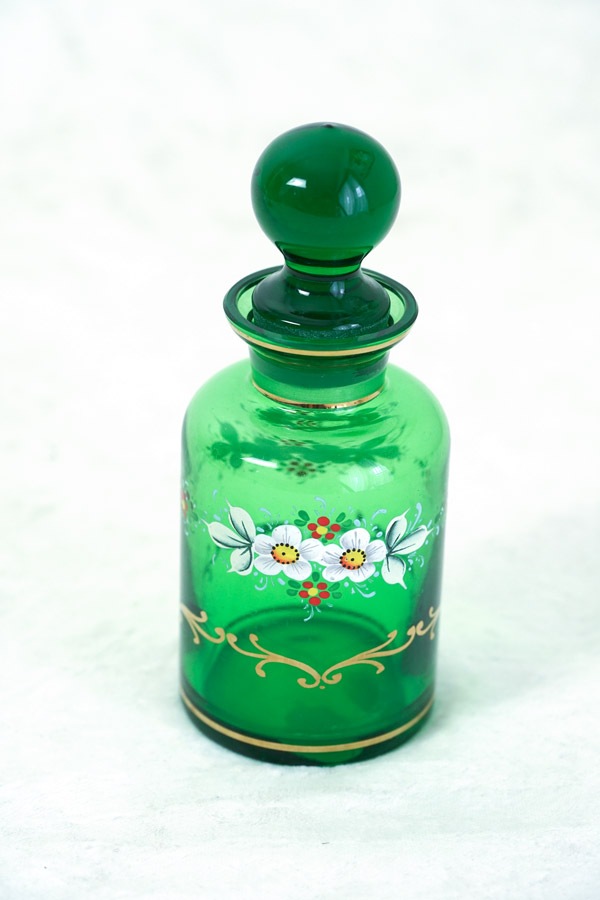 ボヘミアンガラスのエナメル絵の美しい薬瓶W6×H14cm 1930年代頃 gc