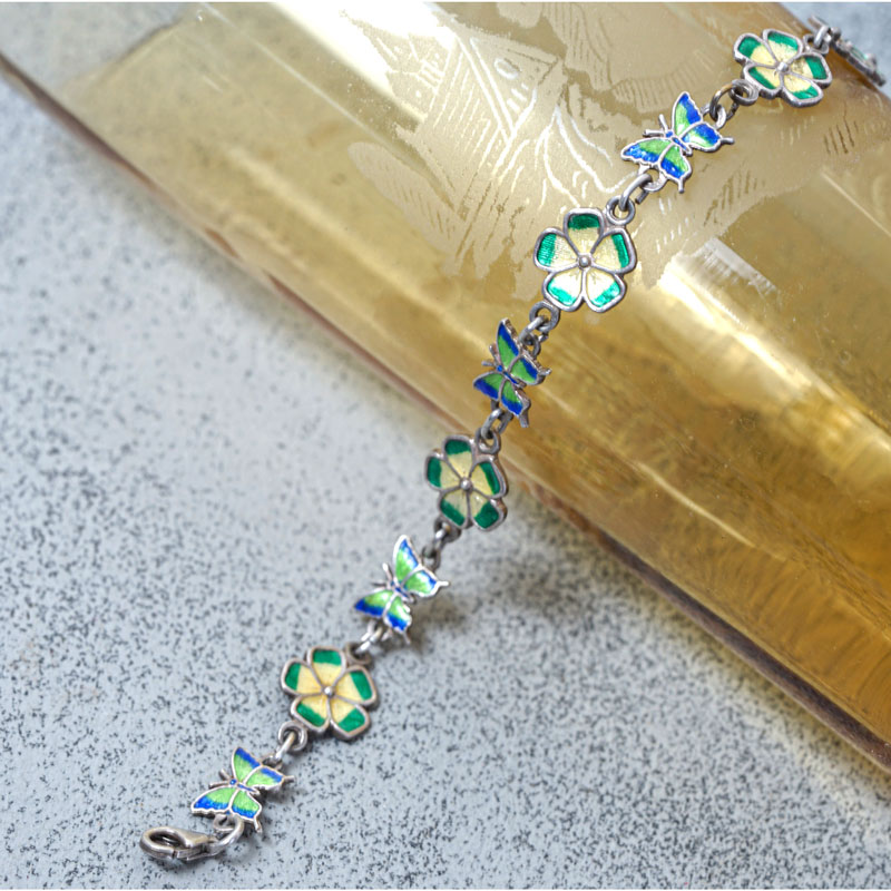 ヴィンテージ】メキシコシルバー980 エナメル（七宝） 花と蝶々の
