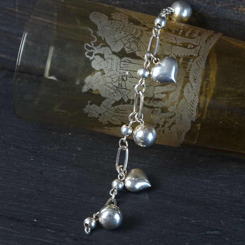 ◎チャームブレスレット SILVER925 【ビンテージ】【お値引対象品】 ヴィンテージ シルバー925 ハート＆ボール チャームブレスレット
