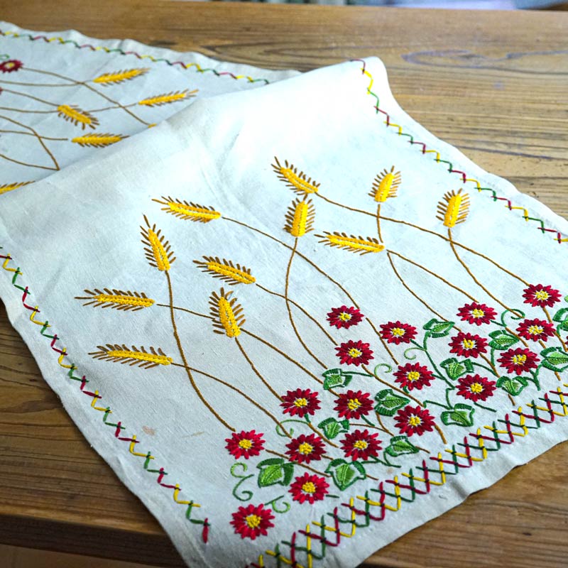 フランス 大判 テーブルクロス リネン 刺繍 花 麻 ベージュ ヴィンテージ ｱﾝﾃｨｰｸ テーブルクロス類 アンティーク セジョリ