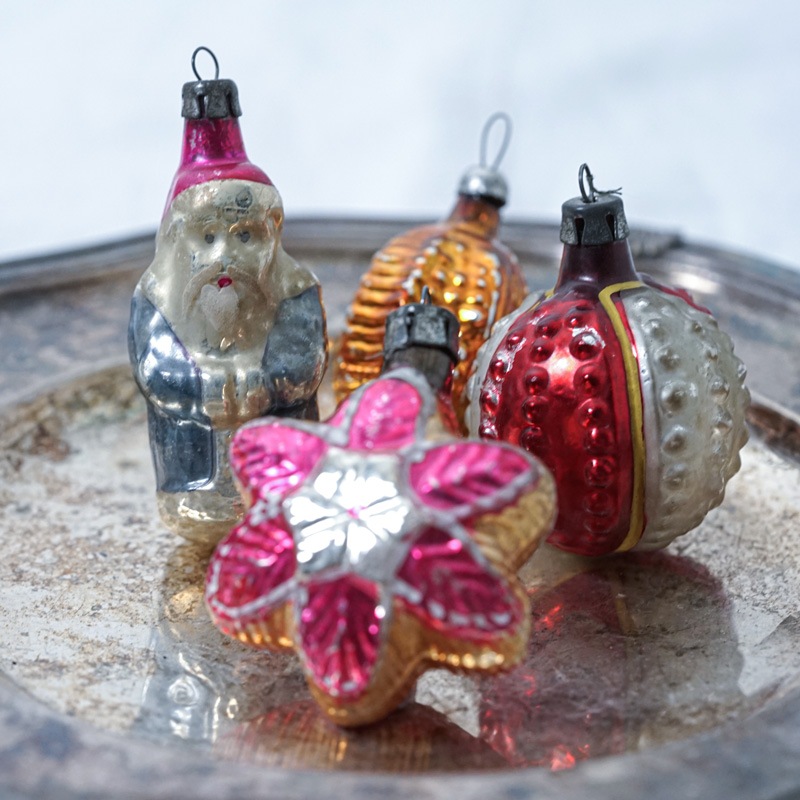 ポーランドの吹きガラスクリスマス ミニオーナメント4個セット1940-50