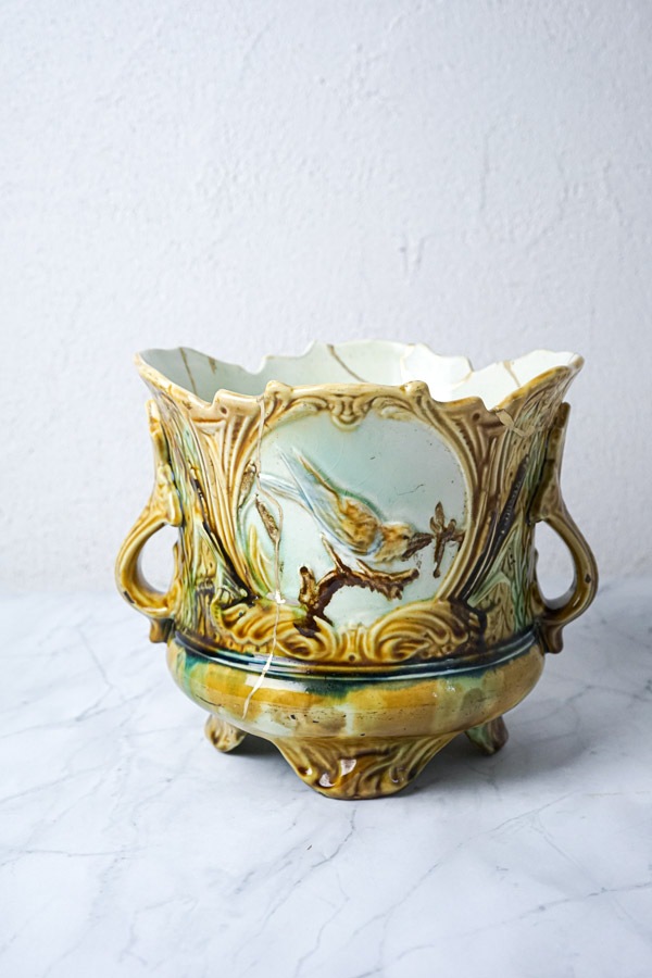 金継ぎ＋番の鳥のバルボティーヌのジャルディニエールW22×H20cm