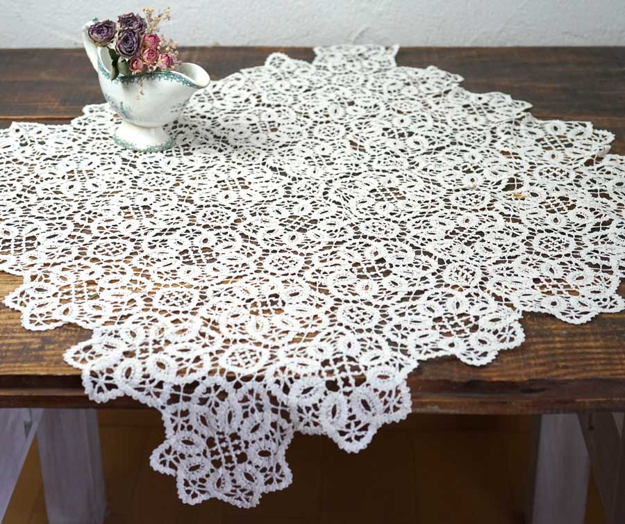フランス　アンティーク　クロッシュレースWhite刺繍　テーブルクロス フランス アンティーク クロッシュレースWhite刺繍 テーブル