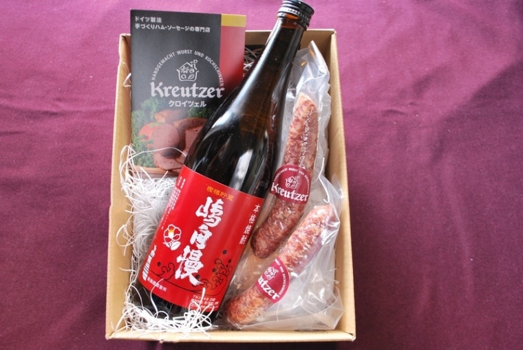 コピー島焼酎「嶋自慢」と花椒入り焼酎麹発酵サラミ2本のペアリングセット