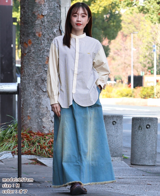 クリフメイヤー[公式] 異素材ミックスストライプシャツ LADYS W2535116