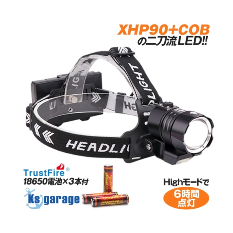 LEDヘッドライト ズーム機能 手元用COBライト 搭載 1800LM 大光量タイプ (リチウム電池3本セット)