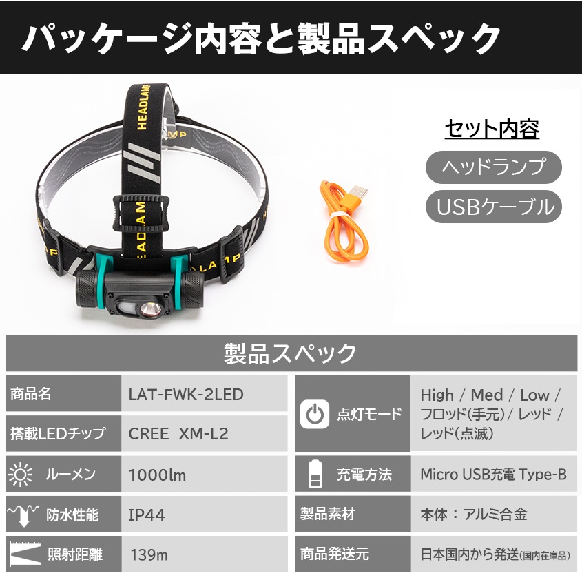 LEDヘッドライト 【スポット / 手元ライト / レッドライト】搭載 3WAYライト (リチウム電池別売り)
