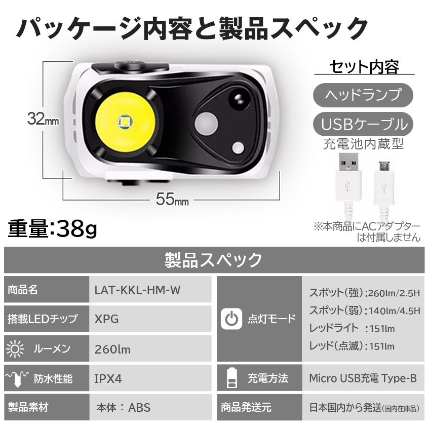 LEDヘッドライト 小型 超軽量タイプ ハンドセンサー搭載 (充電電池内蔵タイプ)