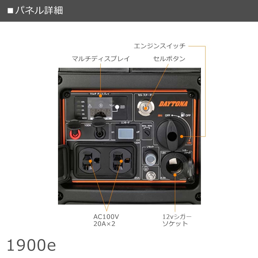 【入荷待ち 12月中旬予定】DAYTONA 発電機 1900VA（1900w） 静穏 インバーター方式 セルスターター 遠隔リモコンスイッチ付き デイトナ DAYGENE1900e
