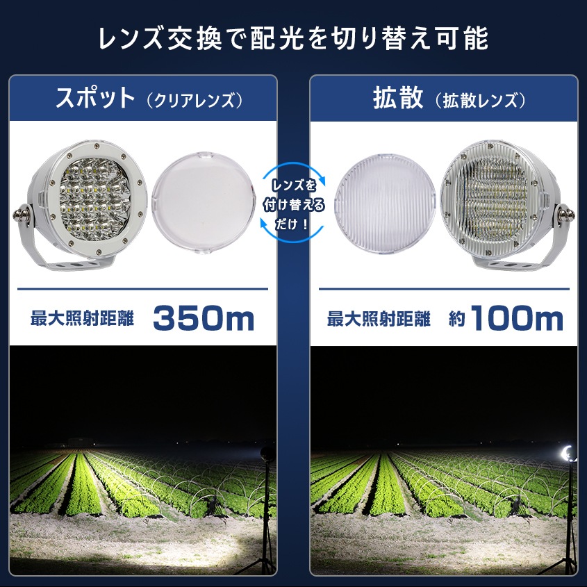 LEDサーチライト 80w スポット / 拡散 照射切替レンズ付き DC12v / 24v 対応 【SUS316製ボルト交換済み マリン仕様モデル】