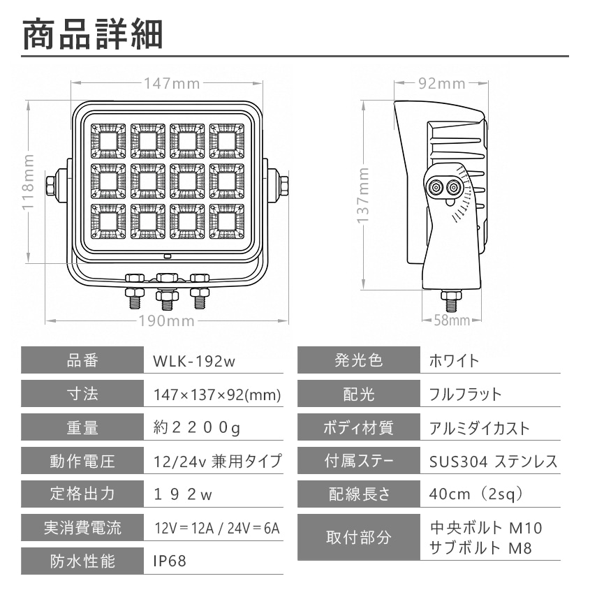 192w 爆光 作業灯 投光器 17280ルーメン ホワイト発光 拡散配光 DC12v/24v 対応 (SUS304製 肉厚4mmステー付き)