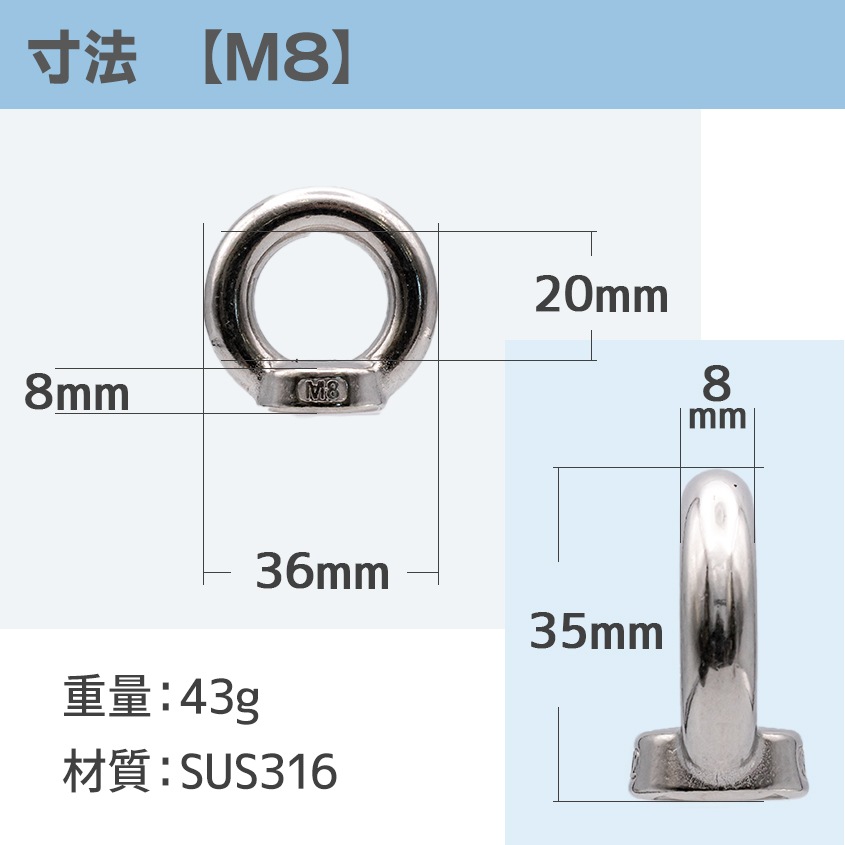 アイナット M8 線径8mm 吊り金具 (マリングレードステンレス
