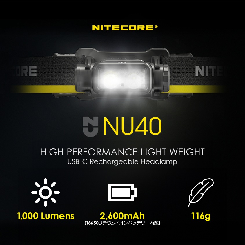 NITECORE NU40 充電式 ヘッドライト 1000ルーメン 赤色LED付き