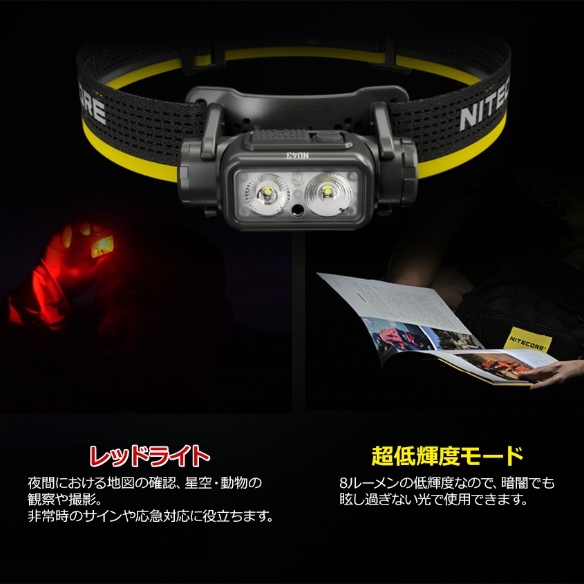NITECORE NU43 充電式 ヘッドライト 1400ルーメン 赤色LED付き