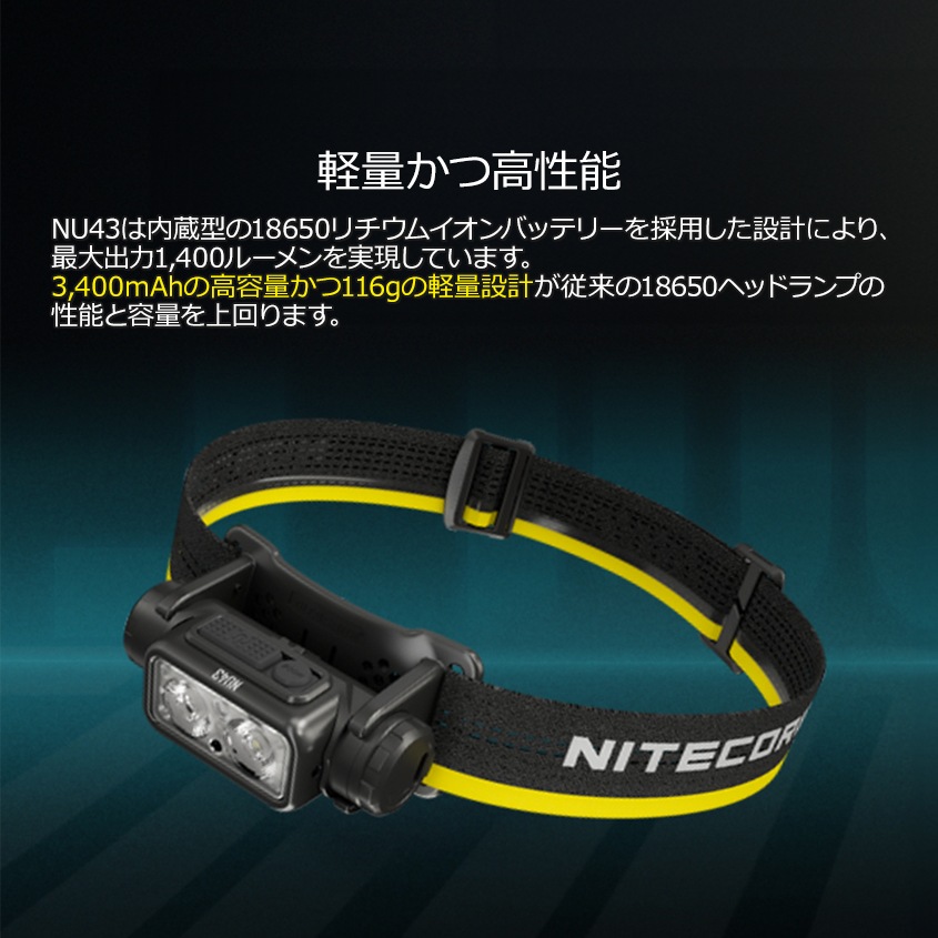 NITECORE NU43 充電式 ヘッドライト 1400ルーメン 赤色LED付き