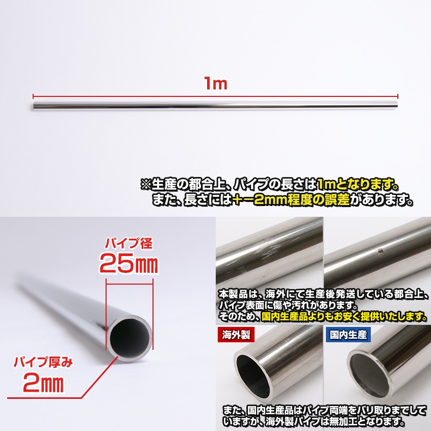 25mm 海外製 ステンレスパイプ 長さ1m / 厚み2mm (マリングレードステンレス SUS316製)