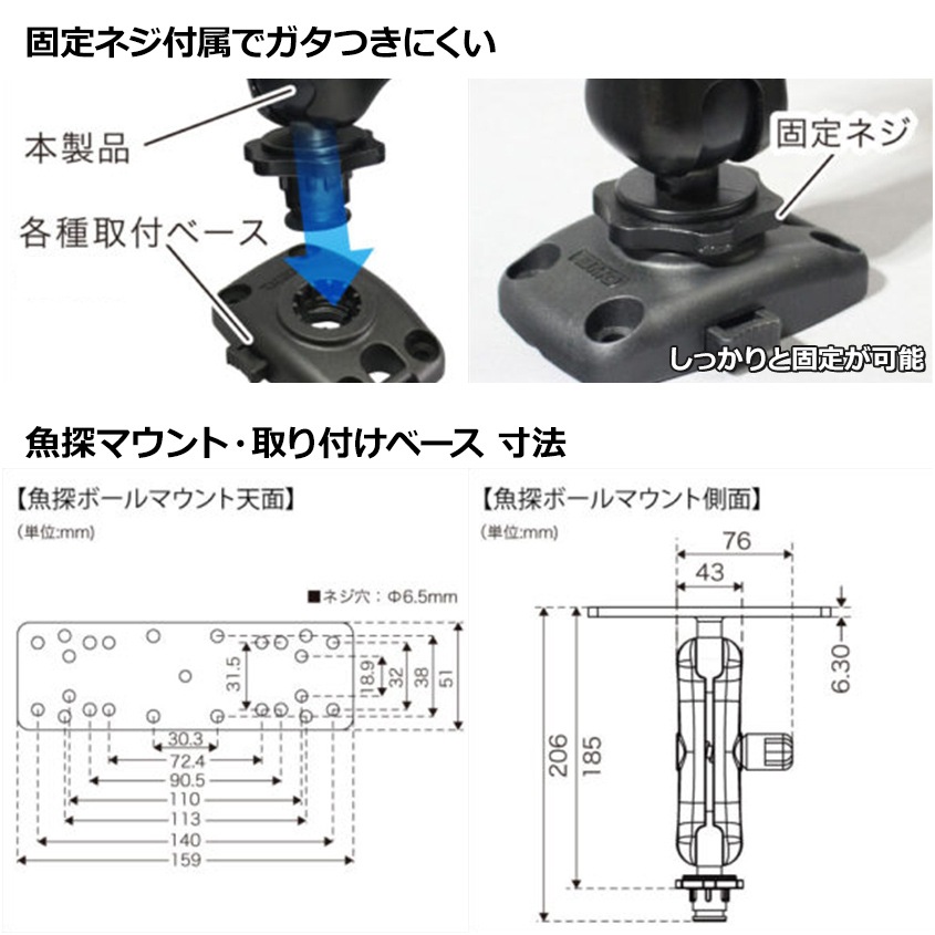 BMO Japan 魚探 取り付け 架台 ボールマウント構造 位置 角度 調整可能 BMベース 付属
