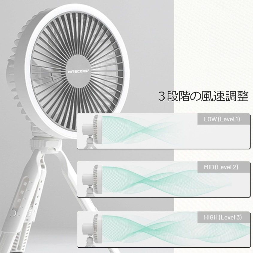 NITECORE NEF10 ポータブル 扇風機 LEDリングライト搭載 グレー