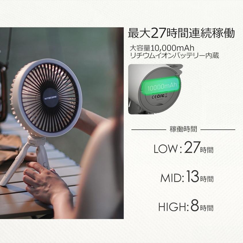 NITECORE NEF10 ポータブル 扇風機 LEDリングライト搭載 グレー