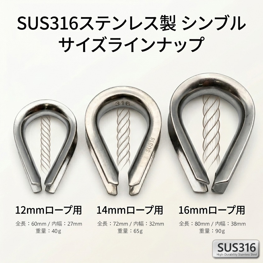 12mm ロープ用 ステンレスシンブル アイ金具 (マリングレードステンレス SUS316製)