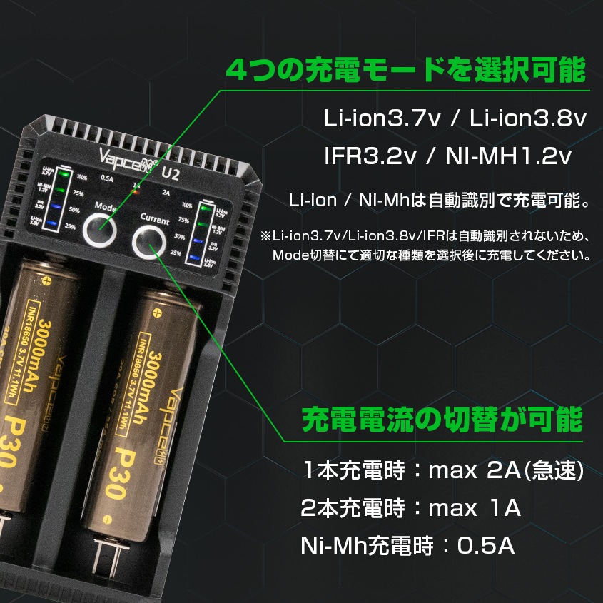 Vapcell製 リチウムイオン電池用 充電器 2スロット (Li-ion / Ni-Mh(NiCd)電池に対応) ※1スロのみ2A急速充電対応