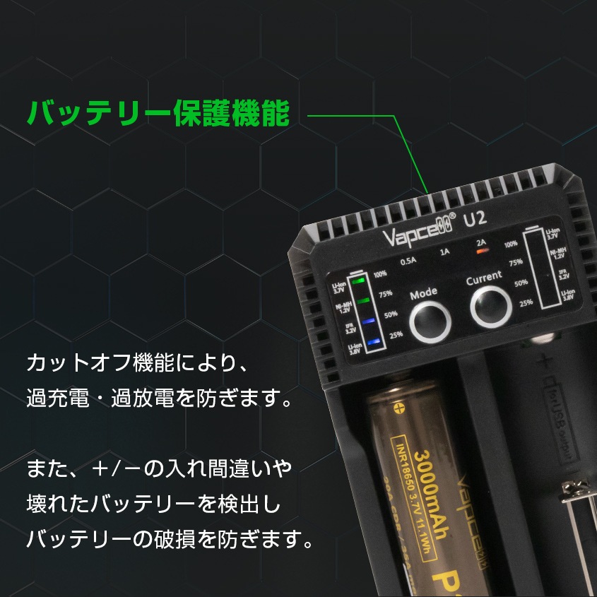 Vapcell製 リチウムイオン電池用 充電器 2スロット (Li-ion / Ni-Mh(NiCd)電池に対応) ※1スロのみ2A急速充電対応