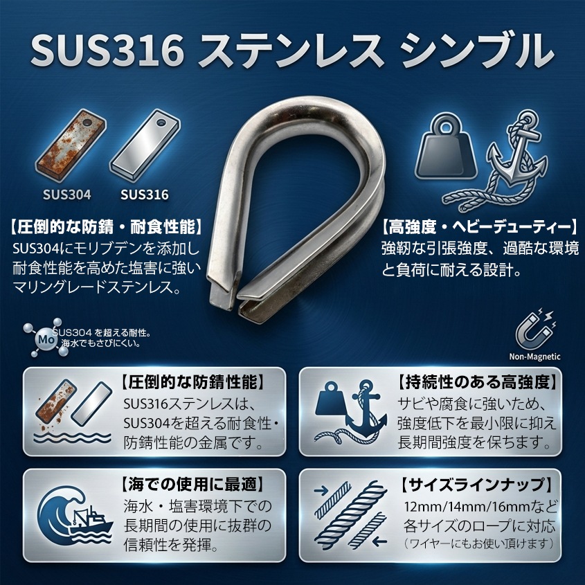 16mm ロープ用 ステンレスシンブル アイ金具 (マリングレードステンレス SUS316製)