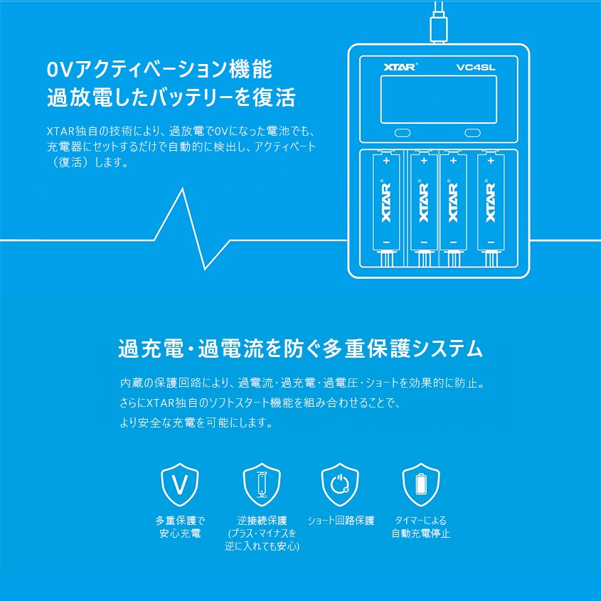 XTAR 正規代理店 VC4SL リチウムイオン 充電器 QC3.0 最大3A 急速充電 18650 21700 26650 対応
