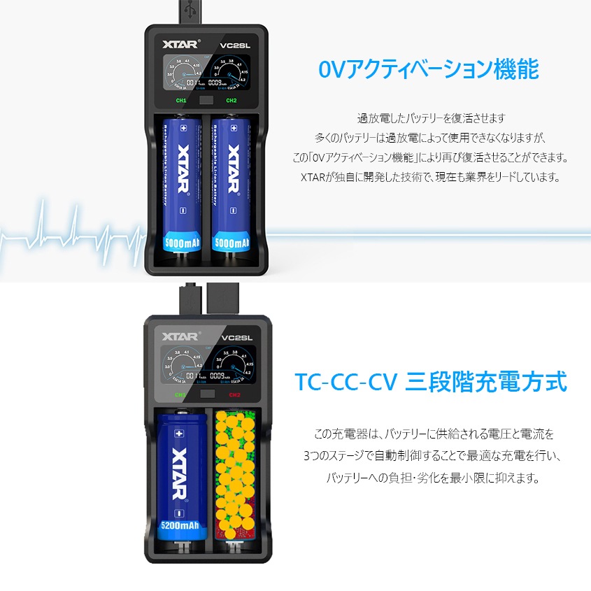 XTAR 正規代理店 VC2SL リチウムイオン 充電器 18650 21700 26650 ニッケル水素 ニッカド充電池 対応