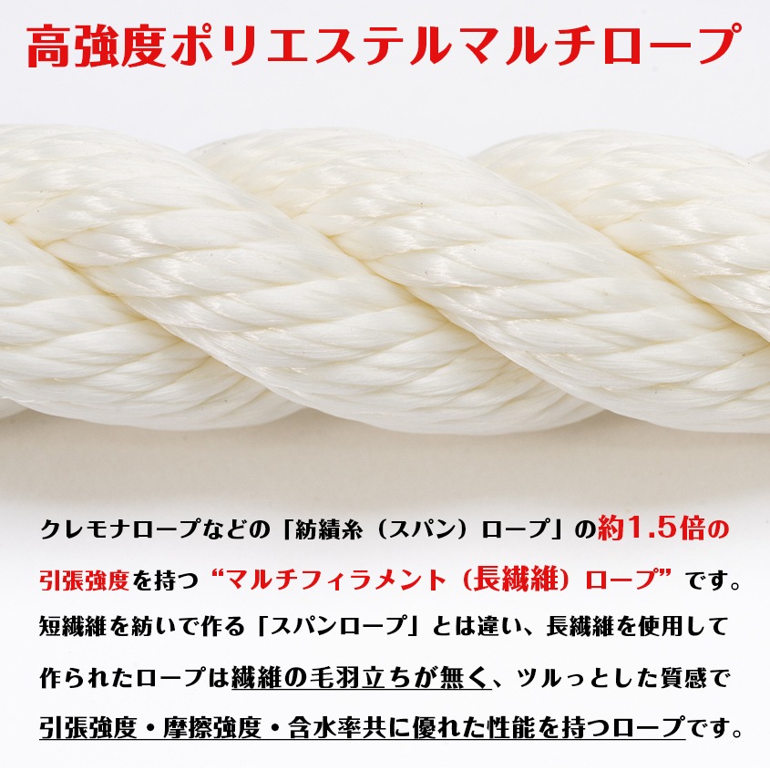 係留用ロープ 16mm 日本製 ポリエステル 長繊維 マルチフィラメント 三つ打ちロープ (1m単位測り売り)