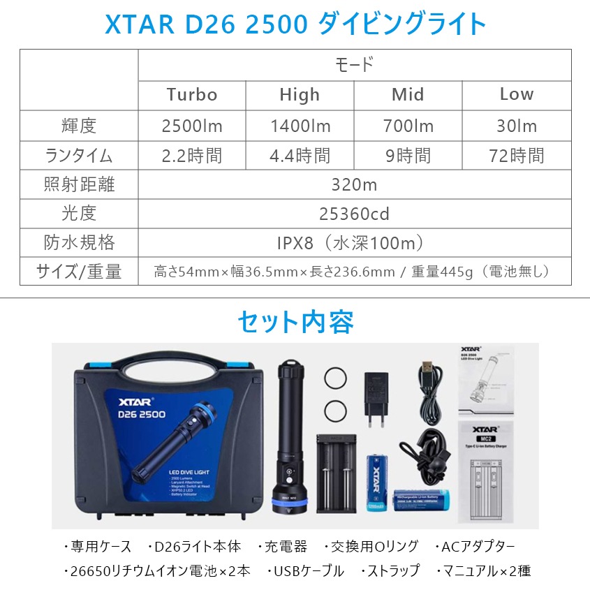 ダイビングライト D26 2500 完全防水 水中ライト 2500ルーメン 26650 リチウムイオン電池 / 充電器付属のフルセット 【XTAR 正規代理店】