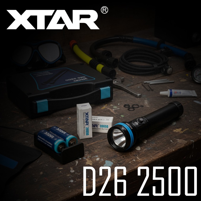 ダイビングライト D26 2500 完全防水 水中ライト 2500ルーメン 26650 リチウムイオン電池 / 充電器付属のフルセット 【XTAR 正規代理店】