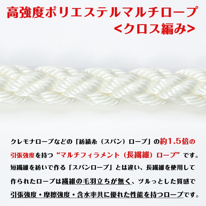 係留用ロープ 9mm 日本製 ポリエステル 長繊維 マルチフィラメント クロス編みロープ (1m単位測り売り)
