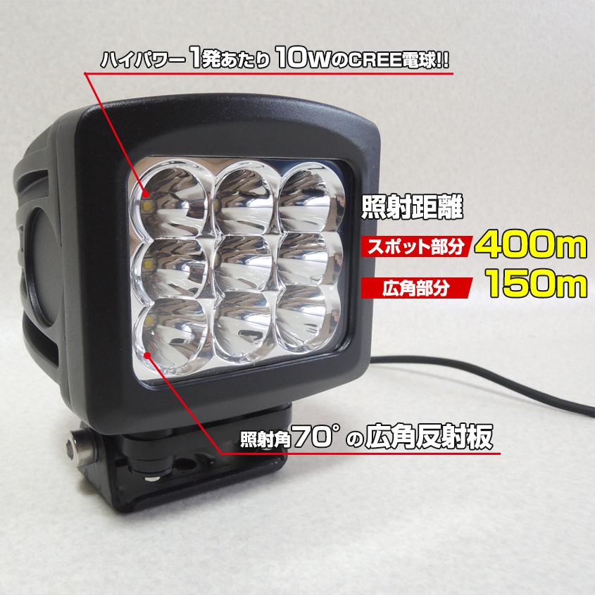 LED作業灯 投光器 90w スポット照射タイプ DC12v / 24v 対応 (照射距離約400m)