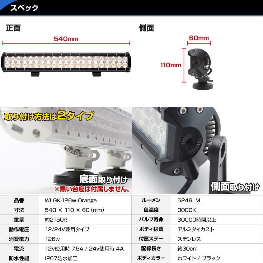 126w 集魚灯 投光器 オレンジ発光 拡散配光 DC12v/24v 対応 (ブラックボディ)