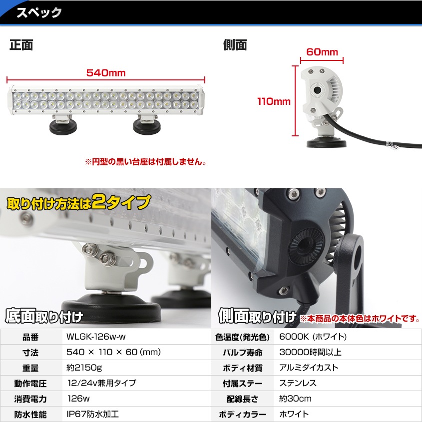126w デッキライト 投光器 ホワイト発光 拡散配光 DC12v/24v 対応 (ホワイトボディ)
