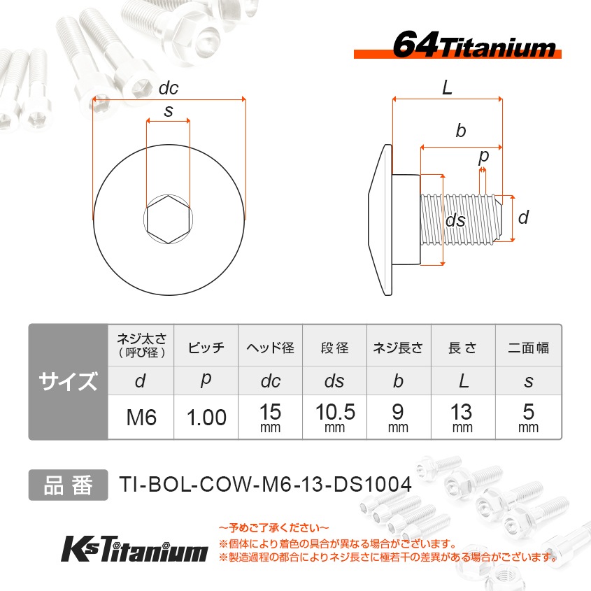 64チタン製 リアフェンダー用 カウルボルト M6×13 (10mm×04mm段付き) P1.0 【ゴールド】