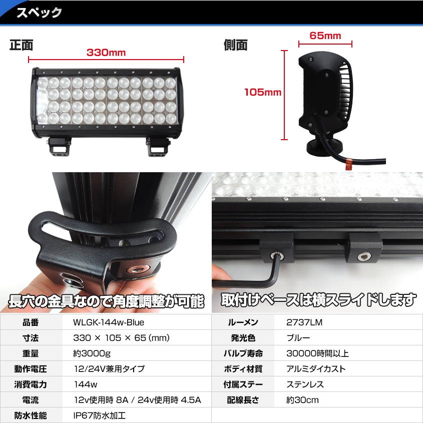 144w 集魚灯 投光器 ブルー発光 拡散配光 DC12v/24v 対応 (ブラックボディ)