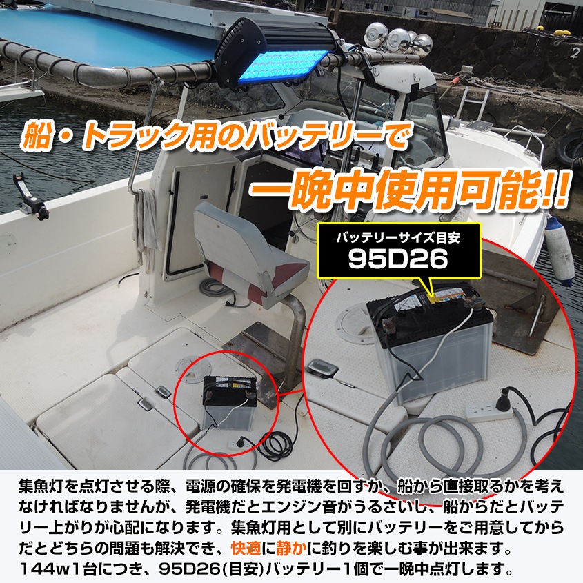 144w 集魚灯 投光器 ブルー発光 拡散配光 DC12v/24v 対応 (ブラックボディ)