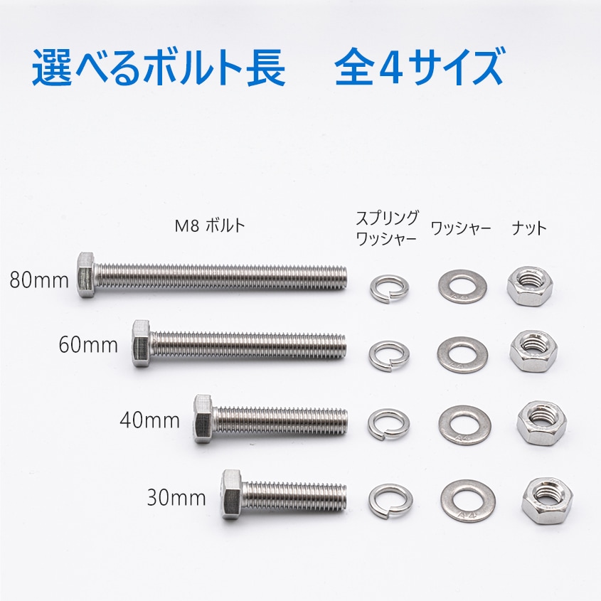SUS316 ステンレス ボルト M8×80 P1.25 六角ボルト / ナット / ワッシャー / スプリングワッシャー 4点セット