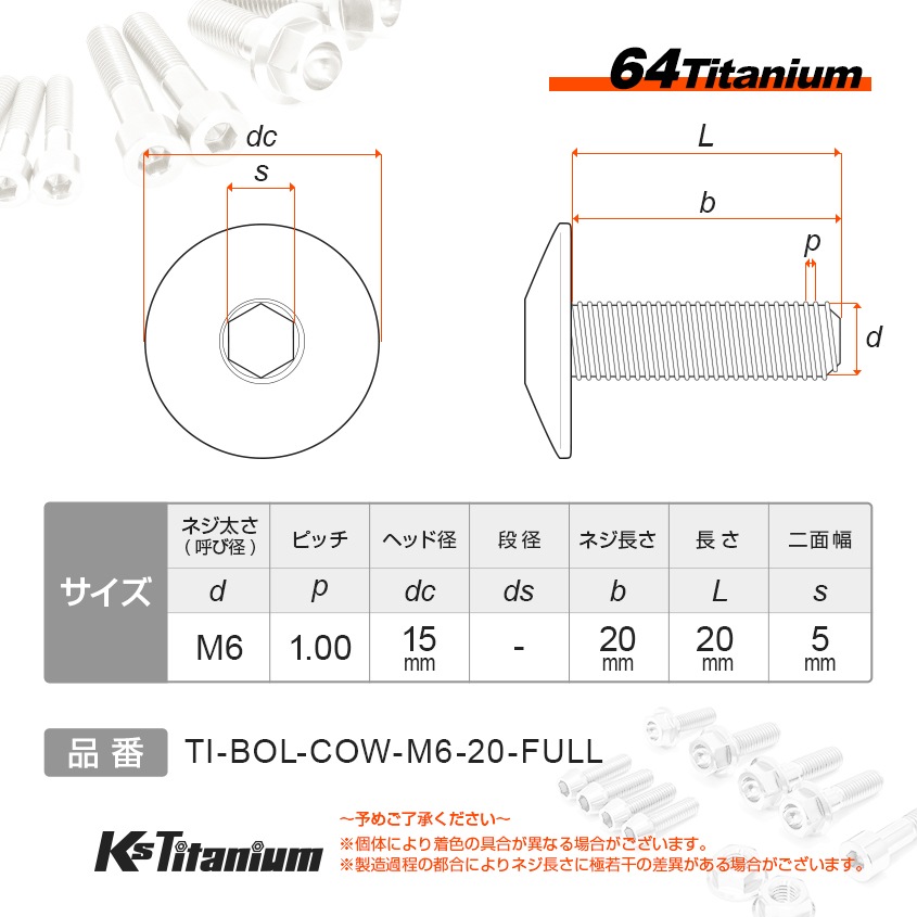 64チタン製 フロントフェンダー用 カウルボルト M6×20 全ネジ P1.00 【ゴールド】