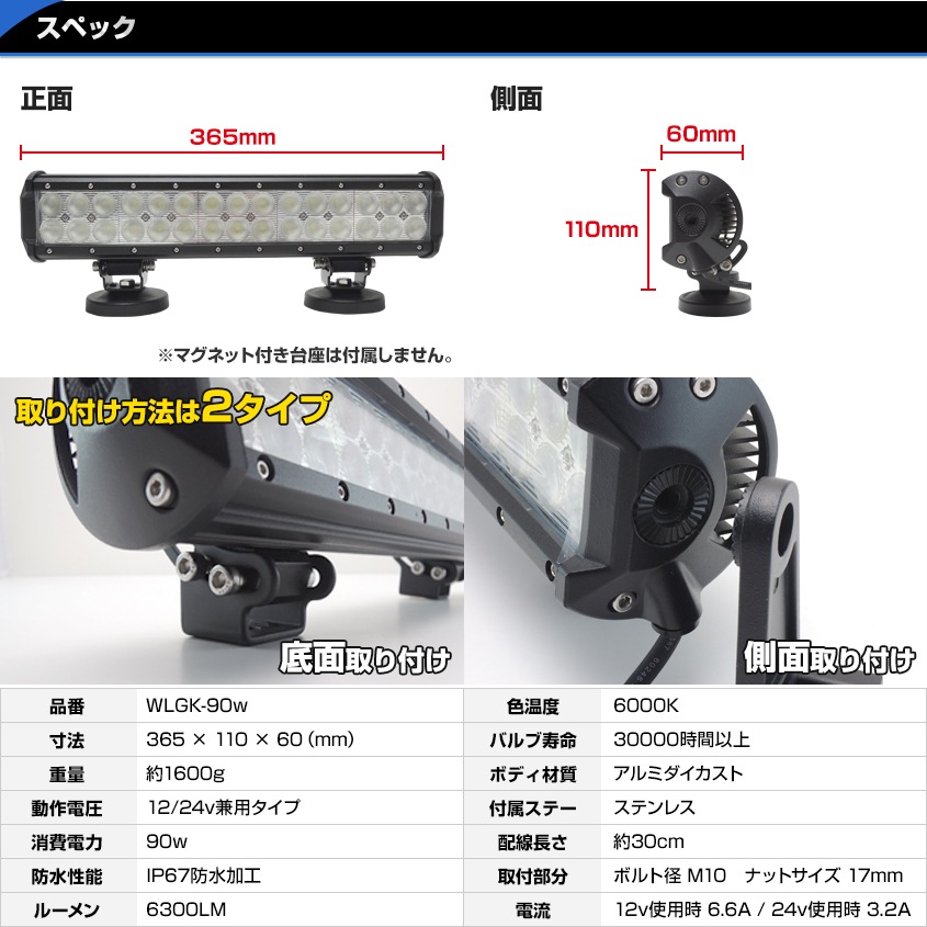 90w デッキライト 投光器 ホワイト発光 拡散配光 DC12v/24v 対応 (ブラックボディ)